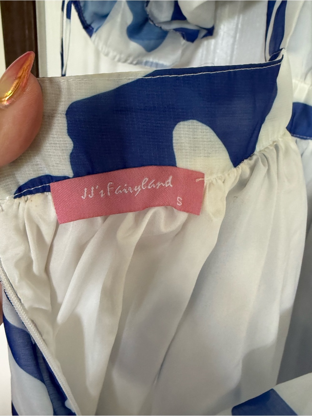 2 for $30 sale: JJs Fairyland blue white abstract  floral open-back mini dress - Picture 3 of 5